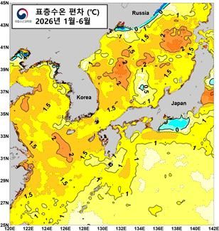 [부산=뉴시스] 우리 바다 2026년 1월∼6월 표층 수온 편차. (사진=수과원 제공) 2026.07.09. photo@newsis.com *재판매 및 DB 금지