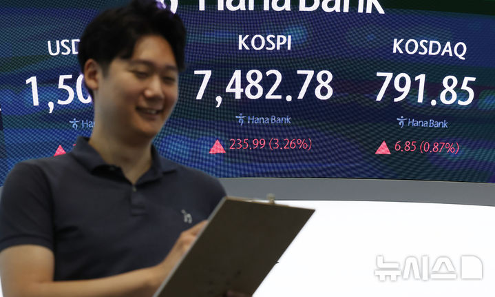 [서울=뉴시스] 김진아 기자 = 코스피가 상승 출발한 9일 서울 중구 하나은행 딜링룸에서 딜러들이 업무를 보고 있다. 코스피는 전일 대비 239.85포인트(3.31%) 오른 7,486.64에, 코스닥 지수는 전날보다 9.03포인트(1.15%) 오른 794.03로 개장했다. 2026.07.09. bluesoda@newsis.com