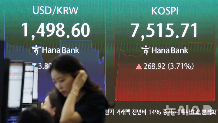[서울=뉴시스] 김진아 기자 = 9일 오전 서울 중구 하나은행 딜링룸에서 딜러들이 업무를 보고 있다. 2026.07.09. bluesoda@newsis.com