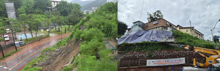 [서울=뉴시스] 지난 9일 폭우로 사면이 일부 유실된 충남 '공주 중동성당'에 출입통제 및 방수포 설치가 이뤄졌다. (사진=국가유산청 제공) 2026.07.10. photo@newsis.com *재판매 및 DB 금지