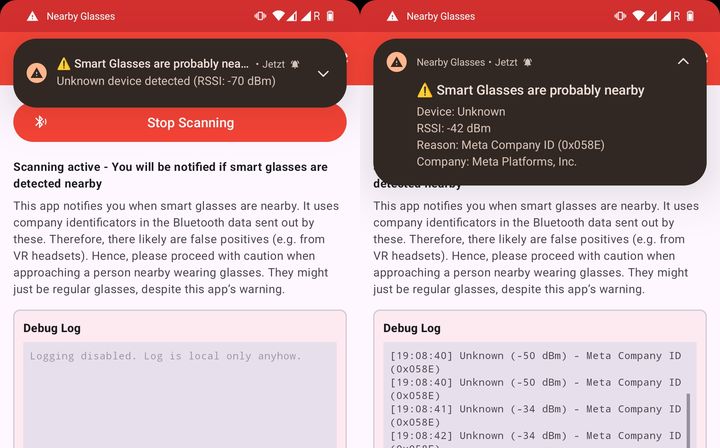 [서울=뉴시스] 주변 스마트 글래스 감지 앱 ‘니어바이 글래시스(Nearby Glasses)’가 스마트 글래스 추정 기기를 감지해 알림을 띄운 모습. (사진=구글플레이에서 배포중인 니어바이 글래시스 화면 캡처) *재판매 및 DB 금지