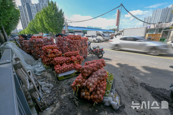 [전남광주=뉴시스] 이영주 기자 = 10일 오후 전남광주 북구 각화농산물공판장 주변 노상적치물 문제로 민원이 잇따르고 있는 도로에 주인이 적혀있지 않은 판매용 양파가 쌓여있다. 2026.07.10. leeyj2578@newsis.com
