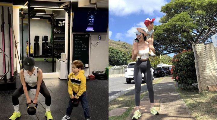 [서울=뉴시스] 방송인 사유리가 아들과 함께하는 일상 속에서도 흐트러짐 없는 자세로 꾸준히 스쿼트를 수행하며 탄탄한 건강미를 뽐내고 있다. (사진 출처=사유리 인스타그램 캡처)