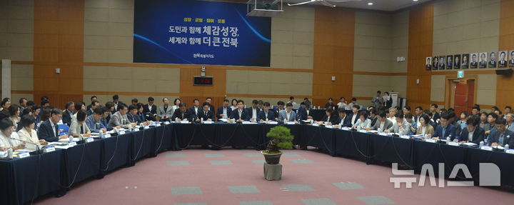 [전주=뉴시스] 김얼 기자 = 이원택(가운데) 전북특별자치도지사가 13일 전북 전주시 전북특별자치도청 대회의실에서 열린 확대간부회의에 참석해 발언하고 있다. 2026.07.13. pmkeul@newsis.com