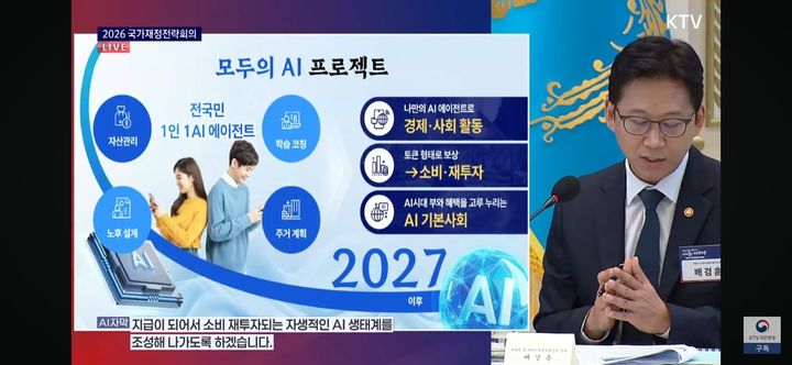 [서울=뉴시스]과기정통부가 2027년 이후 자산관리·학습 코칭·주거 계획·노후 설계 등을 지원하는 ‘1인 1AI 에이전트’ 환경을 구축할 계획이다. (사진=KTV 유튜브 캡처) *재판매 및 DB 금지
