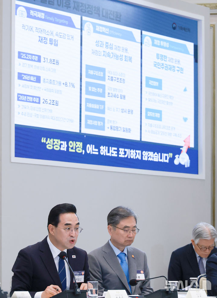 [서울=뉴시스] 조성봉 기자 = 박홍근 기획예산처 장관이 13일 청와대에서 열린 2026년 국가재정전략회의에서 재정운용 방향을 발표하고 있다.(청와대통신사진기자단) 2026.07.13. suncho21@newsis.com