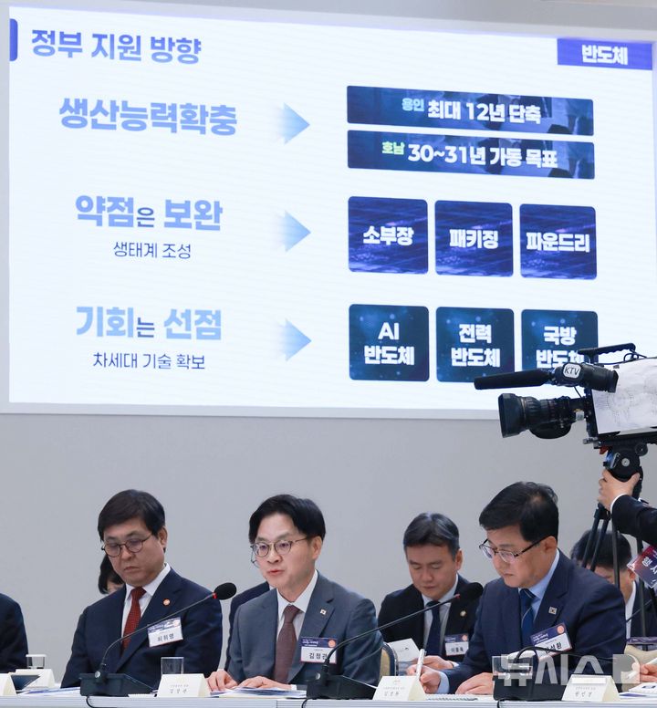 [서울=뉴시스] 조성봉 기자 = 김정관 산업통상부 장관이 13일 청와대에서 열린 2026년 국가재정전략회의에서 3대메가프로젝트 지원방안에 대해 발표하고 있다. 왼쪽부터 최휘영 문화체육관광부 장관, 김 장관, 김성환 기후에너지환경부 장관. (청와대통신사진기자단) 2026.07.13. suncho21@newsis.com