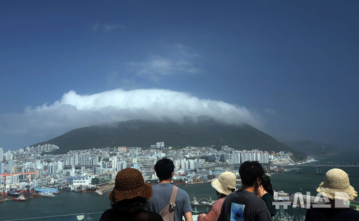  [부산=뉴시스] 하경민 기자 = 부산지역에 폭염특보가 발효 중인 13일 영도구 봉래산 일대가 짙은 해무(바다안개)로 뒤덮여 장관을 연출하고 있다. 2026.07.13. yulnetphoto@newsis.com