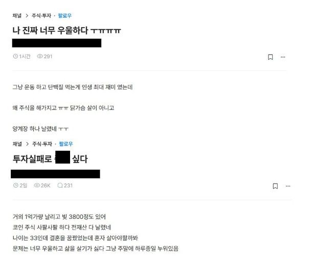 [서울=뉴시스] 코스피 지수가 6700선 아래로 주저 앉으면서 온라인 커뮤니티에는 투자 손실을 인증하는 글들이 올라오고 있다. (사진=온라인 커뮤니티 캡처)