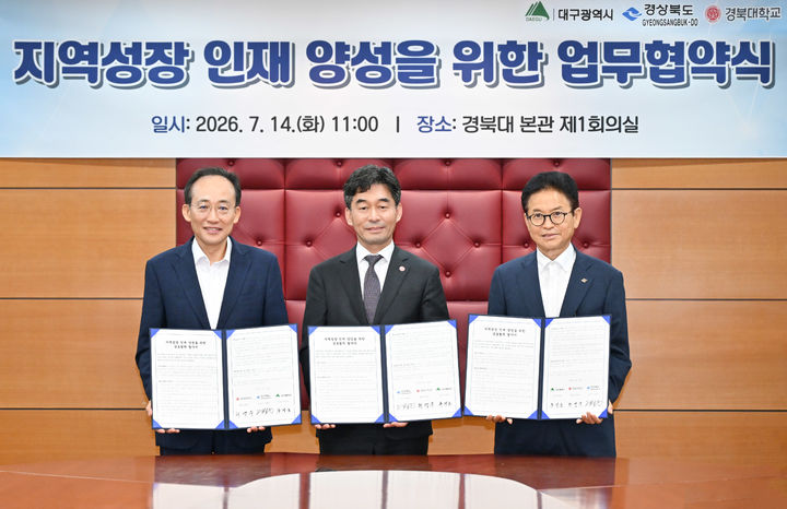 [대구=뉴시스] 추경호(왼쪽) 대구시장과 허영우(중앙) 경북대 총장, 이철우 경북도지사가 14일 오전 경북대 본관에서 초광역 인재양성을 위한 업무협약을 체결하고 있다. (사진=대구시 제공) 2026.07.14. photo@newsis.com&nbsp; *재판매 및 DB 금지