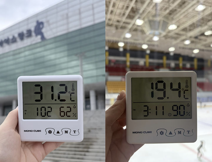 [고양=뉴시스]이지윤 인턴기자 = 14일 오후 고양어울림누리 얼음마루 앞(왼쪽)은 31.2도, 빙상장 내부(오른쪽)은 19.4도를 기록하며 약 12도의 온도 차이를 보였다.  *재판매 및 DB 금지