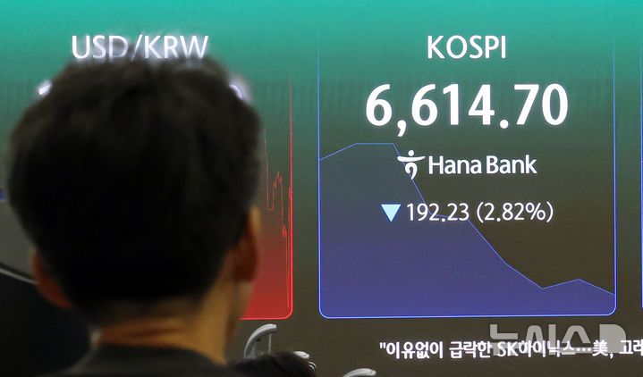 [서울=뉴시스] 박주성 기자 = 14일 오전 서울 중구 하나은행 딜링룸에서 딜러들이 업무를 하고 있다.코스피가 전일보다 37.87포인트(0.56%) 내린 6769.06 개장했지만 장중 6700선이 무너졌다. 2026.07.14. park7691@newsis.com