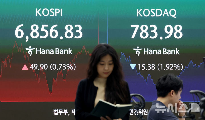 [서울=뉴시스] 김진아 기자 = 14일 서울 중구 하나은행 딜링룸에서 딜러들이 업무를 보고 있다. 코스피는 전 거래일 대비 49.90포인트(0.73%) 상승한 6856.83에, 코스닥 지수는 전 거래일 대비 15.38포인트(1.92%) 하락한 783.98로 마감했다. 2026.07.14. bluesoda@newsis.com