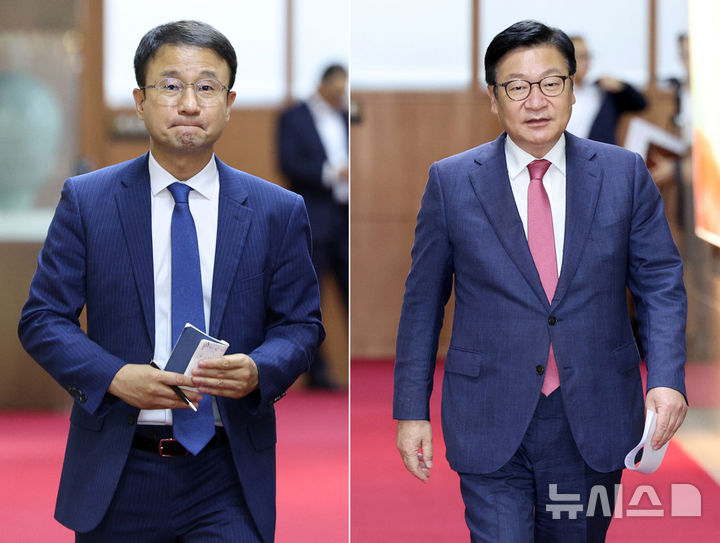 [서울=뉴시스] 고범준 기자 = 한병도(왼쪽) 더불어민주당 대표 직무대행 겸 원내대표와 정점식 국민의힘 원내대표가 14일 서울 여의도 국회에서 열린 국회의장 주재 여야 원내대표 회동을 마치고 이동하고 있다. 2026.07.14. bjko@newsis.com