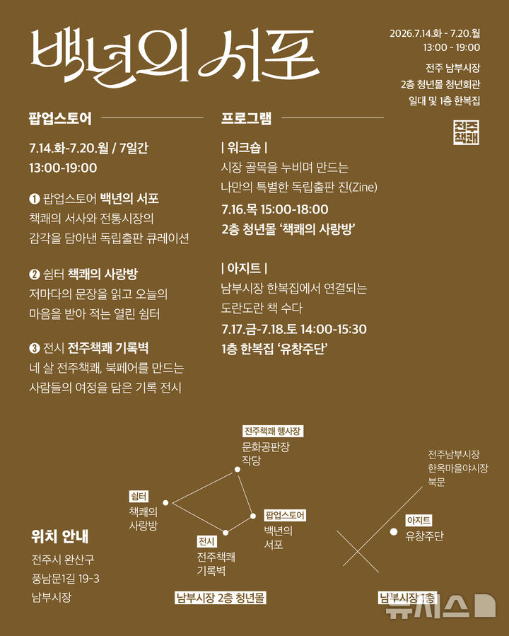 [전주=뉴시스]윤난슬 기자 = 전북 전주남부시장 백년시장 특성화사업단은 오는 20일까지 전주 남부시장에서 독립출판 문화와 전통시장을 결합한 특별 프로젝트 '백년의 서포(書鋪)'를 운영한다고 15일 밝혔다. (사진=전주시 제공) photo@newsis.com 