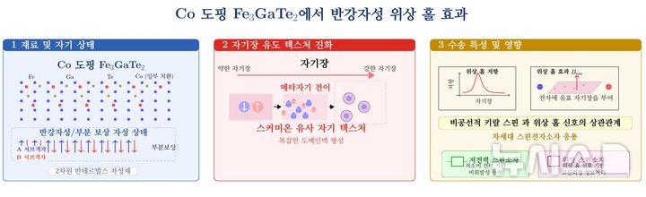 [포항=뉴시스] = 포스텍 친환경소재대학원·물리학과·첨단재료과학부 김지훈 교수·물리학과 이연규·윤진영 박사·박사과정 이찬영씨 연구팀이 미국 베일러대 루이스 발리카스 교수 연구팀과 반강자성 물질에서 스커미온의 흔적을 처음으로 포착해 차세대 저전력 반도체 개발의 새로운 가능성을 제시했다. 사진은 코발트 도핑 자성체에 반강자성·부분 보상 자성 상태의 복잡한 다도메인 구조가 형성되고, 이 과정에서 스커미온 유사 비공선 스핀 텍스처가 안정화돼 큰 위상 홀 효과가 나타나는 모습. (사진=포스텍 제공) 2027.07.15. photo@newsis.com 