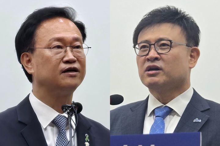 [청주=뉴시스] 왼쪽부터 더불어민주당 송재봉 국회의원, 이영신 전 청주시의원. photo@newsis.com *재판매 및 DB 금지