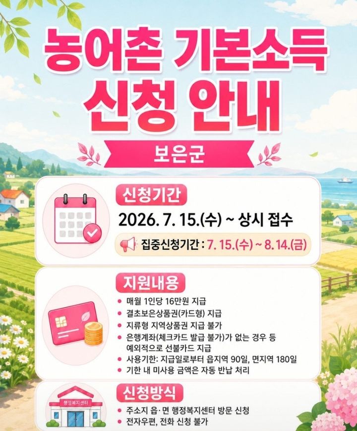 [보은소식]농어촌 기본소득, 8월14일까지 집중 신청기간 등