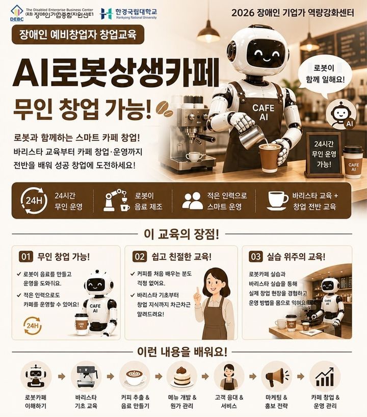 [서울=뉴시스] 인공지능(AI) 로봇카페 창업 교육 수강생 모집. (사진=장애인기업종합지원센터 제공) 2026.07.16. photo@newsis.com *재판매 및 DB 금지
