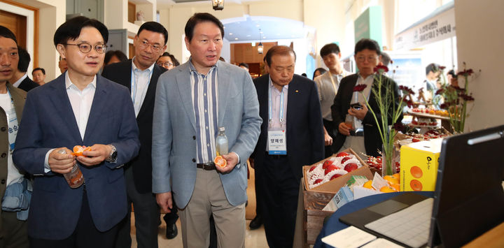 [서귀포=뉴시스] 최태원 대한상의 회장과 김정관 산업통상부 장관이 귀농·귀촌 청년기업 부스를 관람하고 있다. (사진=대한상의 제공). 2026.07.16. photo@newsis.com *재판매 및 DB 금지