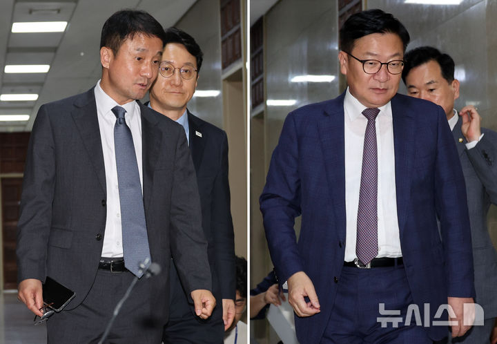 [서울=뉴시스] 최진석 기자 = 한병도(왼쪽부터) 더불어민주당 대표 직무대행 겸 원내대표, 천준호 원내운영수석부대표와 정점식 국민의힘 원내대표, 김승수 원내운영부수석대표가 16일 여의도 국회에서 회담을 마친 뒤 각각 이동하고 있다. 2026.07.16. myjs@newsis.com