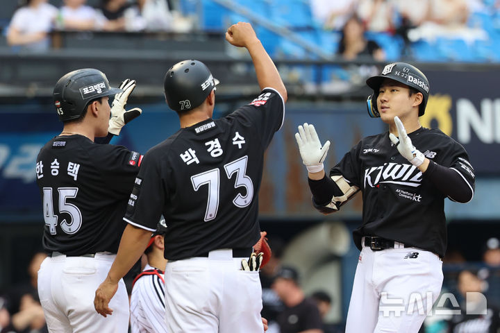[서울=뉴시스] 권창회 기자 = 16일 서울 송파구 잠실야구장에서 열린 2026 KBO리그 KT 위즈와 LG 트윈스의 경기, 2회초 2사 주자 1,3루 KT 최원준이 3점 홈런을 친 뒤 축하를 받고 있다. 2026.07.16. kch0523@newsis.com