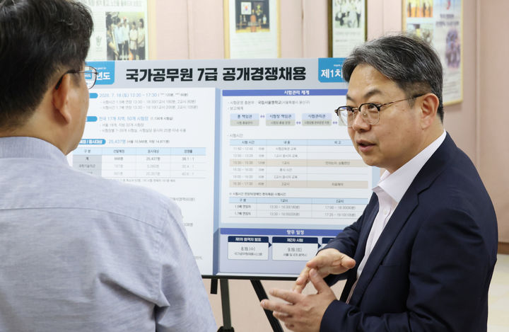 [서울=뉴시스] 김금보 기자 = 국가공무원 7급 공개경쟁채용 제1차 시험을 이틀 앞둔 16일 김성훈 인사혁신처 차장이 서울 용산구 국립서울맹학교를 찾아 시험 준비상황을 점검하고 있다. (사진=인사혁신처제공) 2026.07.16. kgb@newsis.com *재판매 및 DB 금지