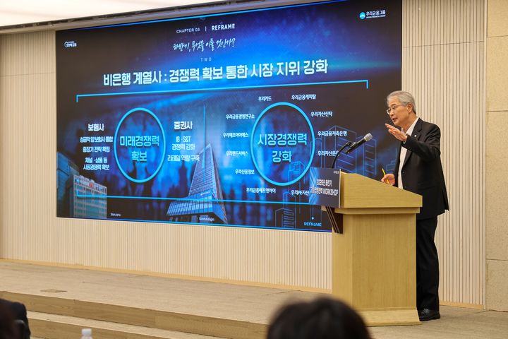 16일 서울 중구 우리금융 본사에서 열린 하반기 그룹 경영전략 워크숍에서 임종룡 회장이 CEO 메시지를 전달하고 있다. (사진=우리금융 제공) *재판매 및 DB 금지