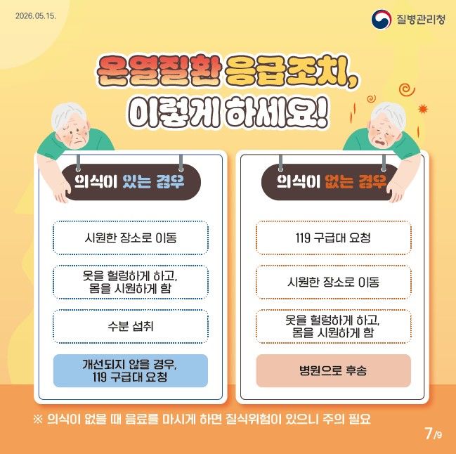 [서울=뉴시스] 질병관리청이 제작한 의식 유무에 따른 온열질환 응급조치 안내 카드뉴스. (사진=질병관리청 제공) 2026.05.15. photo@newsis.com *재판매 및 DB 금지