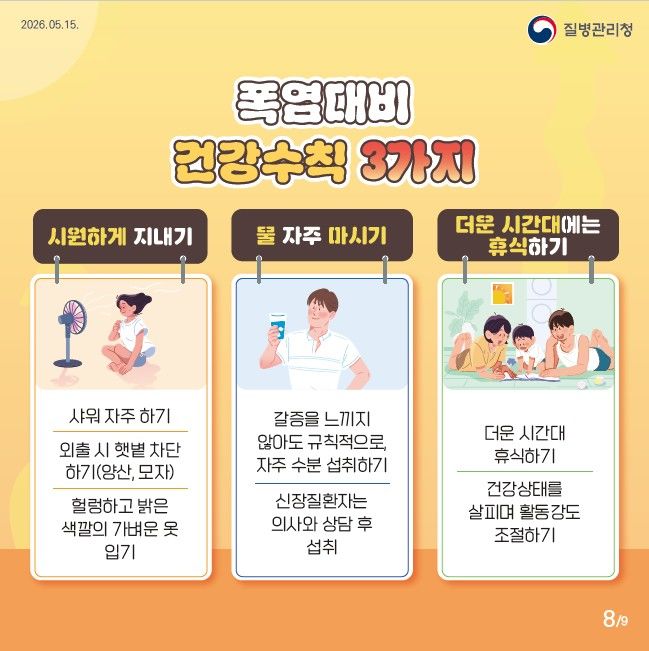 [서울=뉴시스] 질병관리청이 제작한 폭염 대비 건강수칙 안내 카드뉴스. (사진=질병관리청 제공) 2026.05.15. photo@newsis.com *재판매 및 DB 금지