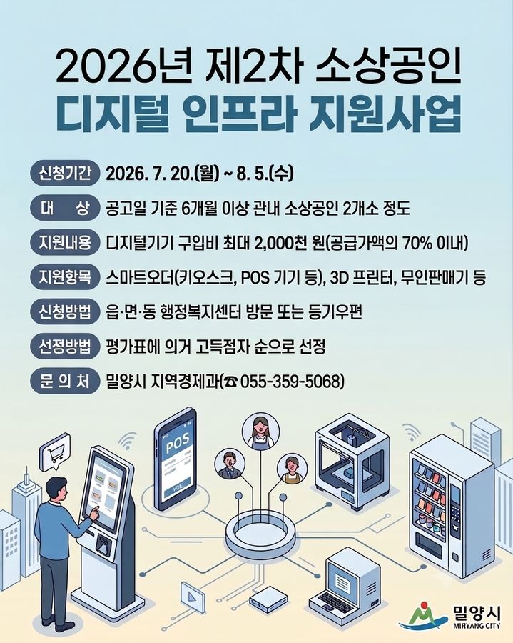 [밀양=뉴시스] 제2차 소상공인 디지털 인프라 지원사업 신청 안내문. (사진=밀양시 제공) 2026.07.20. photo@newsis.com *재판매 및 DB 금지
