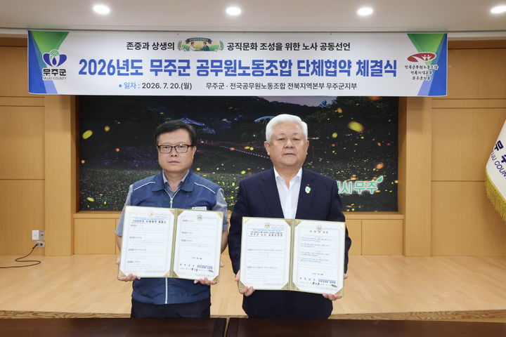 [무주=뉴시스] 전북 무주군은 20일 군청 대회의실에서 전국공무원노동조합 전북지역본부 무주군지부와 '2026년도 무주군 공무원노동조합 단체협약'을 체결했다. (사진=무주군 제공) 2026.07.20. photo@newsis.com&nbsp;&nbsp; *재판매 및 DB 금지