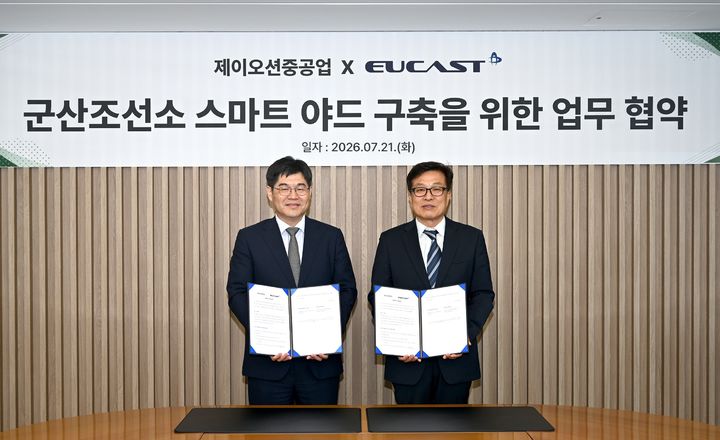 군산조선소 스마트 야드 구축 MOU 체결한 유캐스트 김재형 대표(왼쪽)와 제이오션중공업 하화정 대표(사진=제이오션중공업 제공) *재판매 및 DB 금지
