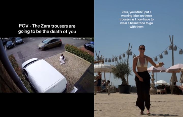 [서울=뉴시스] 패션 브랜드 '자라'(ZARA)의 와이드 팬츠를 입고 넘어져 다쳤다는 사례가 잇따르면서 해당 제품에 '죽음의 바지'라는 별명이 붙었다. (사진=틱톡 캡처) *재판매 및 DB 금지