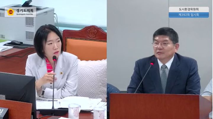 [수원=뉴시스] 이혜원(국민의힘·양평2) 경기도의회 의원이 21일 경기도의회 도시환경위원회 업무보고에서 차성수 경기도 기후환경에너지국장에게 '기후행동 기회소득' 지속 여부를 묻고 있다. (사진=경기도의회 유튜브) 2026.07.21. photo@newsis.com *재판매 및 DB 금지