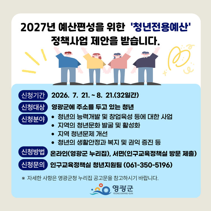 [영광=뉴시스] 전남광주특별시 영광군은 21일부터 8월21일까지 2027년도 본예산 편성을 위한 '청년전용예산' 정책사업 제안을 공모한다. (이미지=영광군 제공) photo@newsis.com *재판매 및 DB 금지