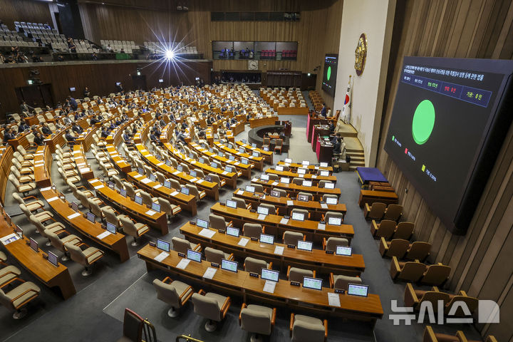[서울=뉴시스] 정병혁 기자 = 21일 서울 여의도 국회에서 열린 제437회 국회(임시회) 제1차 본회의에서 윤석열·김건희에 의한 내란·외환 및 국정농단 행위의 진상규명을 위한 특별검사 임명 등에 관한 법률 개정안이 더불어민주당 주도로 통과되고 있다. 2026.07.21. jhope@newsis.com