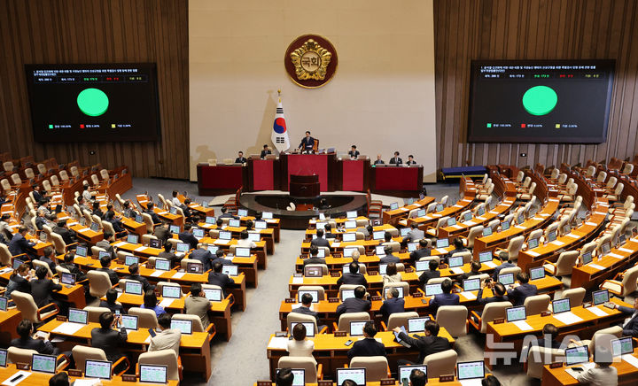 [서울=뉴시스] 고범준 기자 = 21일 서울 여의도 국회에서 열린 제437회 국회(임시회) 제1차 본회의에서 윤석열·김건희에 의한 내란·외환 및 국정농단 행위의 진상규명을 위한 특별검사 임명 등에 관한 법률 개정안이 더불어민주당 주도로 통과되고 있다. 2026.07.21. bjko@newsis.com