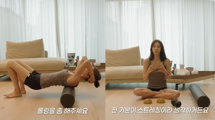 [서울=뉴시스] 가수 겸 배우 손담비가 스트레칭과 함께하는 아침 건강 루틴을 소개했다. (사진=유튜브 '담비손' 캡처) *재판매 및 DB 금지