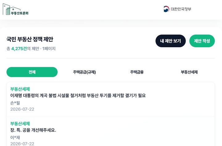 [서울=뉴시스] 정부가 개설한 부동산 정책 국민 대토론회 온라인 의견 게시판. 22일 오전 10시 기준 4200건이 넘는 국민 제안이 접수됐다. (사진=부동산 토론회 게시판 홈페이지 캡처)