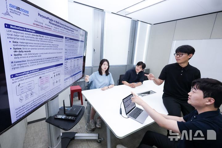 [서울=뉴시스]LG유플러스가 자체 개발한 차세대 개인화 인공지능(AI) 기술 ‘퍼스널 인텔리전스(Personal Intelligence)’ 관련 논문이 국제 학술대회 ‘SIGIR 2026’에서 채택됐다. 사진은 이번 논문 집필에 참여한 LG유플러스 구성원들. (사진=LG유플러스 제공)