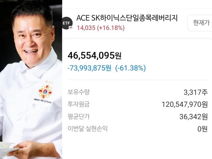 [서울=뉴시스] 여경옥 셰프가 SK하이닉스 레버리지 ETF 투자 손실 계좌를 공개하고 있다. (사진=여경옥 셰프 인스타그램]