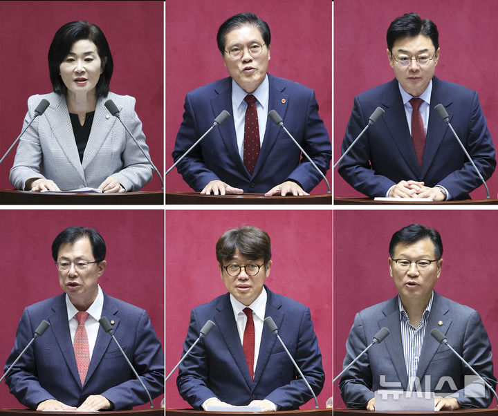 [서울=뉴시스] 김근수 기자 =제22대 후반기 국회 국민의힘 몫 6개 상임위원장들이 서울 여의도 국회에서 열린 제437회 국회(임시회) 2차 본회의에서 당선 인사를 하고 있다. 윗줄 왼쪽부터 김희정 교육위원장, 송석준 외교통일위원장, 김성원 산업통상자원중소벤처기업위원장, 아랫줄 왼쪽부터 이만희 보건복지위원장, 유의동 국토교통위원장, 이양수 정보위원장. 2026.07.23. ks@newsis.com
