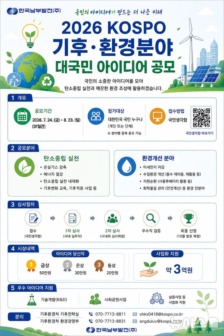 [세종=뉴시스]한국남부발전은 탄소중립 실천과 환경분야 개선에 기여할 국민의 창의적인 아이디어를 발굴하고 이를 사업화하기 위해 다음 달 23일까지 '기후·환경분야 대국민 아이디어 공모'를 실시한다.(사진=남부발전 제공)