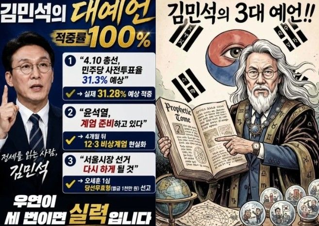 [서울=뉴시스] 온라인 상에서 김민석 전 국무총리가 과거 정치 현안을 두고 했던 예측성 발언들이 '김민석 대예언'이라고 칭해지며 확산되고 있다. (사진=온라인 커뮤니티 캡처)