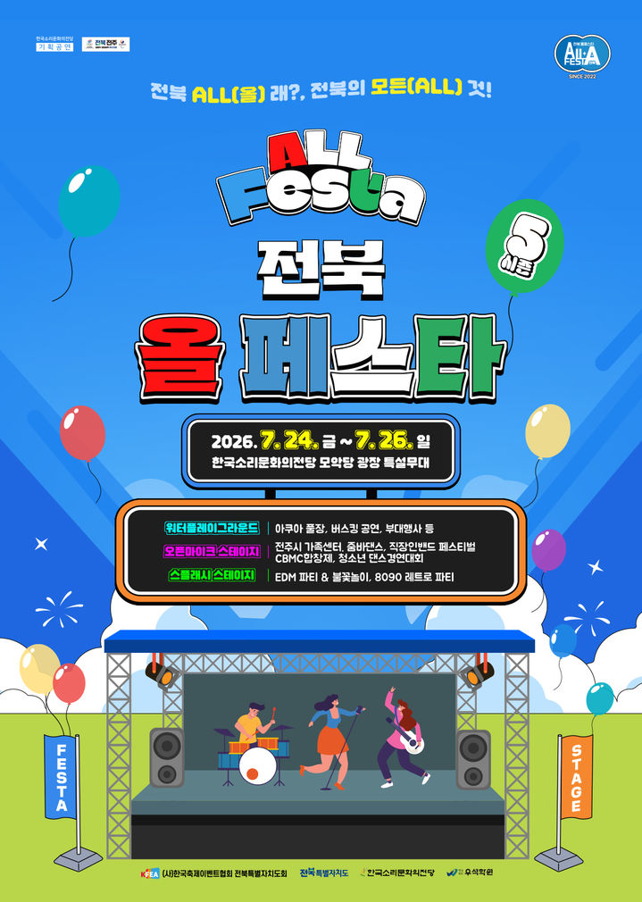 [전주=뉴시스] 한국소리문화의전당은 사단법인 한국이벤트협회 전북지회와 함께 전당 모악당 광장 일원에서 '2026 전북특별자치도 올 페스타(ALL FESTA)'를 개최한다고 24일 밝혔다. 사진은 축제 포스터. (사진=한국소리문화의전당 제공) 2026.07.24. photo@newsis.com *재판매 및 DB 금지