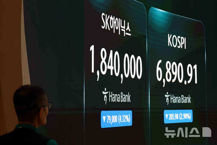 [서울=뉴시스] 고승민 기자 = 삼성전자와 SK하이닉스 주가가 하락 출발한 24일 서울 하나은행 본점 딜링룸 전광판에 주가 현황이 표출되고 있다. kkssmm99@newsis.com
