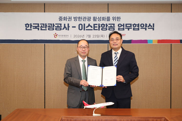 23일 서울 중구 한국관광공사 서울센터에서 열린 협약식에서 포즈를 취한 정석인 관광공사 국제관광본부장(왼쪽)과 이스타항공 이경민 커머셜본부장. (사진=한국관광공사) *재판매 및 DB 금지