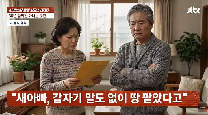 [서울=뉴시스] 지난 24일 JTBC '사건반장'에 새아버지의 일방적인 재산 처분으로 이혼 위기에 놓인 사연이 전해졌다. (사진=유튜브 '사건반장' 캡처) *재판매 및 DB 금지