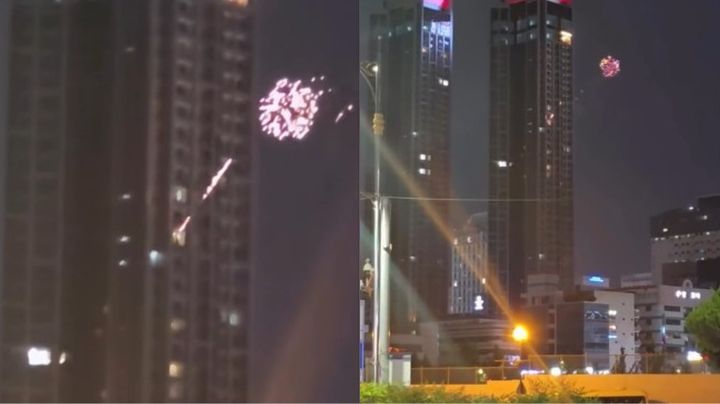 [서울=뉴시스] 경남 창원의 한 신축 고층 오피스텔에서 창문 밖으로 폭죽을 연달아 발사되는 모습이다. (사진=스레드 캡처)